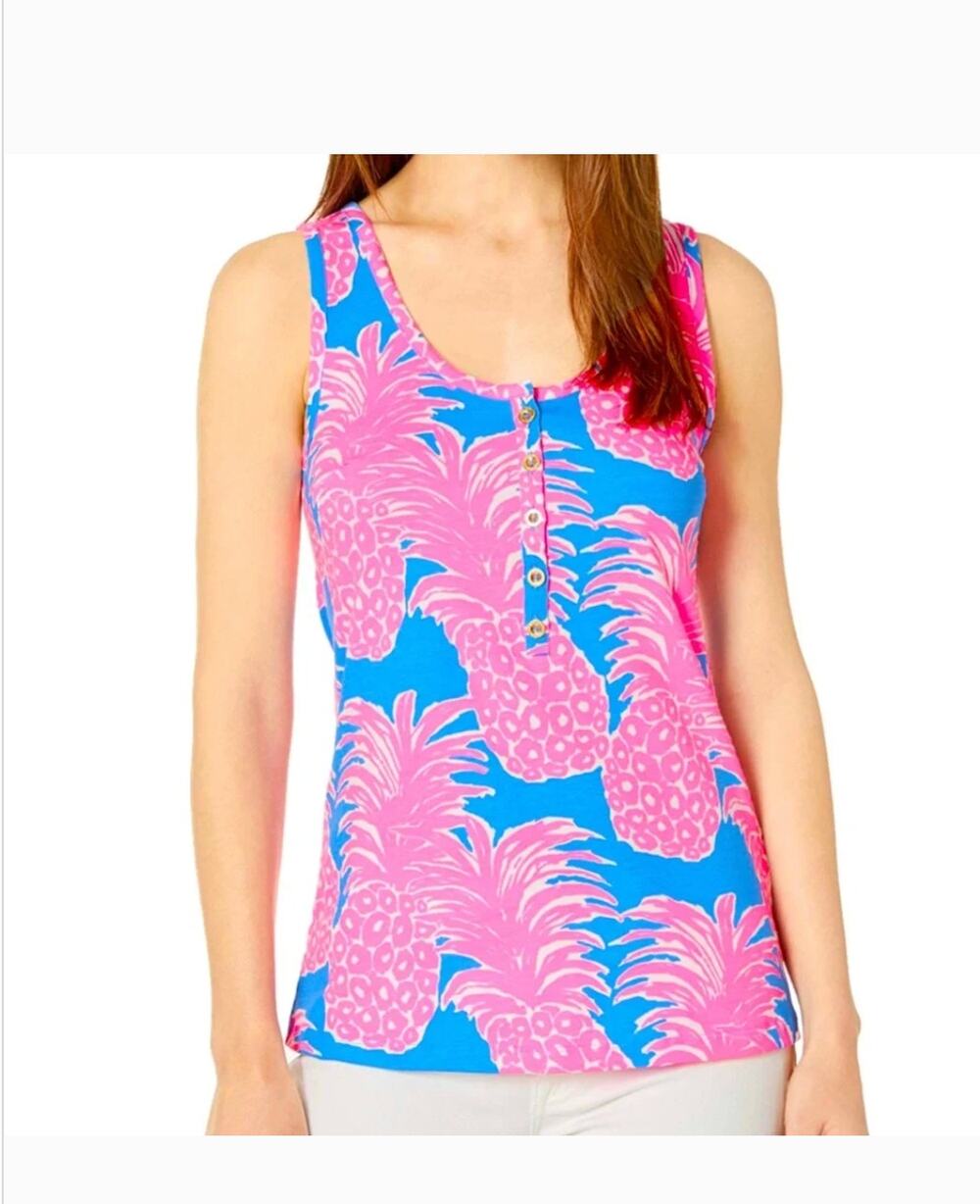 Lilly Pulitzer Merrill Tank Top S Little Flamenco Pineapple Pink Blue Cotton